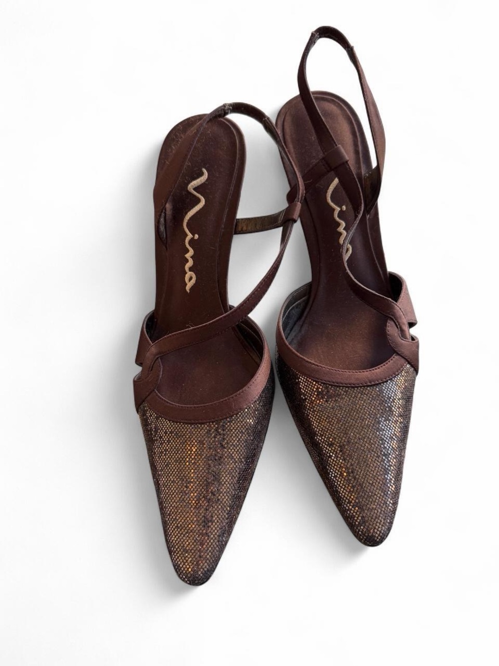 Nina Brown Metallic Pointed Slingback Heels